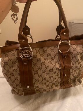 Beige monogram Canvas Shoulder Bag with Brown Leather Trim